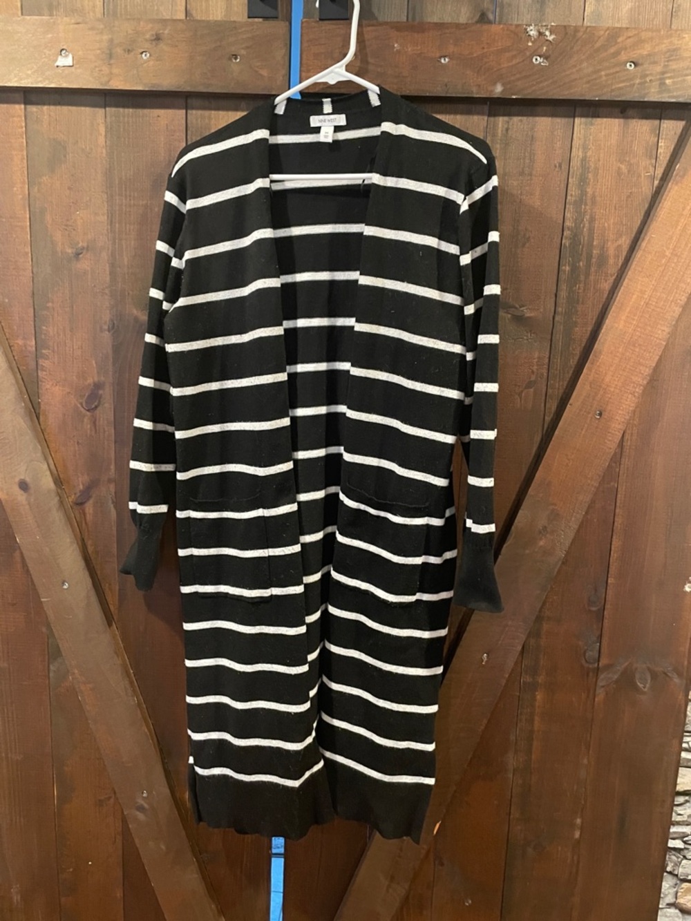 Nine West Black and White Striped Open-Front Long Cardigan